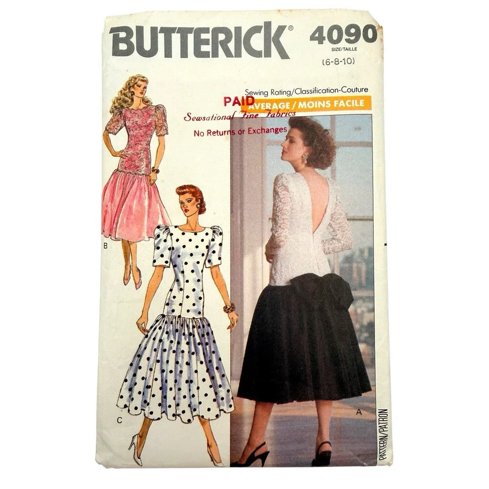 Vintage 1989 Butterick Sewing Pattern Misses Drop-Waist Dress Size 6 #4090